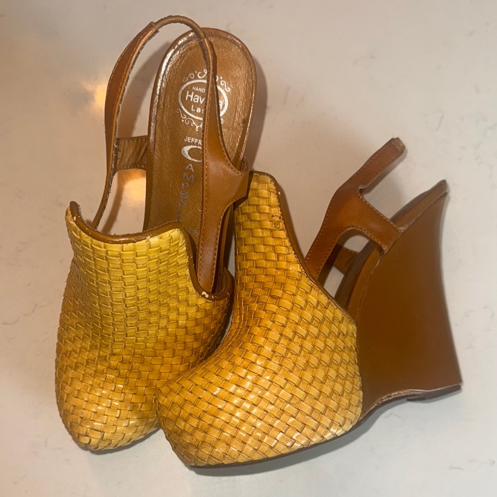 Jeffrey Campbell Brown and Tan Woven Slingback Wedges Size 8.5